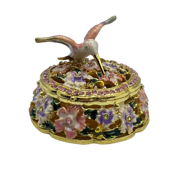 Bejewel Enamel Rhinestone Hummingbird Floral Hinged Lid Pill